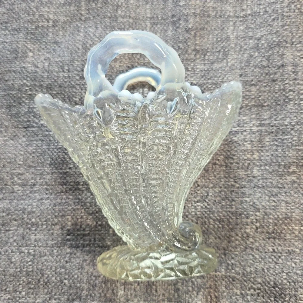 Fan Vase Clear Opalescent Art Glass Handled